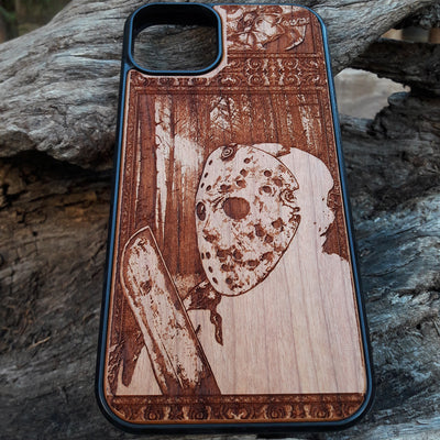 Jason Killer horror-themed wooden phone case with detailed engraving, compatible with iPhone , iPhone 15, Samsung Galaxy S, Note 20, and more. Ideal for horror fans and movie collectors.