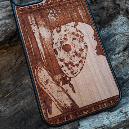 Jason Killer horror-themed wooden phone case with detailed engraving, compatible with iPhone 16, iPhone 15, Samsung Galaxy S25, Note 20, and more. Ideal for horror fans and movie collectors.