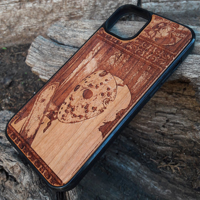 Jason Killer horror-themed wooden phone case with detailed engraving, compatible with iPhone , iPhone 15, Samsung Galaxy S, Note 20, and more. Ideal for horror fans and movie collectors.