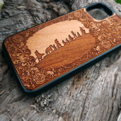 Lord of the Rings wood phone case featuring the Fellowship of the Ring silhouette and ornate border design. Laser-engraved for intricate detailing, this case combines durability with artistry. Compatible with iPhone , 15, 14, 13, 12, 11, Pro Max, Mini, and Samsung Galaxy S, S24, S23, S22, S21, S20 Ultra, Plus, Note 20. Perfect for Tolkien fans seeking a unique and protective accessory.