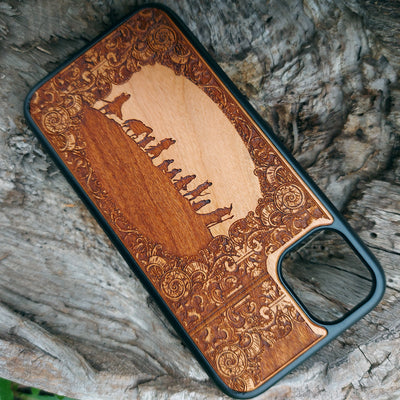 Lord of the Rings wood phone case featuring the Fellowship of the Ring silhouette and ornate border design. Laser-engraved for intricate detailing, this case combines durability with artistry. Compatible with iPhone , 15, 14, 13, 12, 11, Pro Max, Mini, and Samsung Galaxy S, S24, S23, S22, S21, S20 Ultra, Plus, Note 20. Perfect for Tolkien fans seeking a unique and protective accessory.
