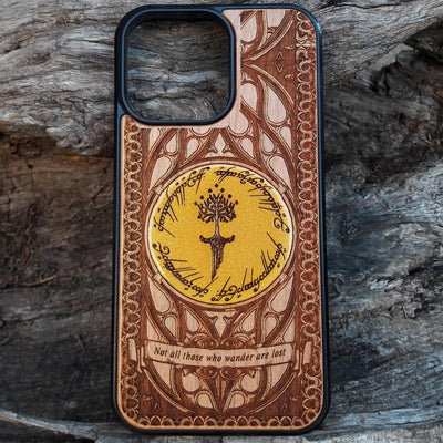 Lord of the Rings wood phone case featuring a stunning laser-engraved Tolkien design with intricate Elvish script and detailed patterns. Compatible with iPhone , iPhone 15, 14, 13, 12, 11 Pro Max Mini, and Samsung Galaxy S, S24, S23, S22, S21, S20 Ultra, Plus, Note 20. Durable, slim, and stylish, perfect for fans of Tolkien's Middle-Earth looking for a unique phone case.