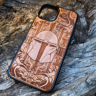 Handmade Mandalorian helmet wood phone case, perfect for collectors and fans