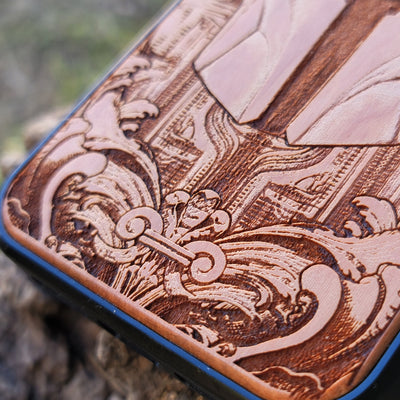 Star Wars Mandalorian helmet wood phone case, laser-engraved design featuring the iconic Mandalorian helmet, offering a unique, stylish look for iPhone , Samsung Galaxy S, and other models. Durable, slim, and perfect for Star Wars fans.