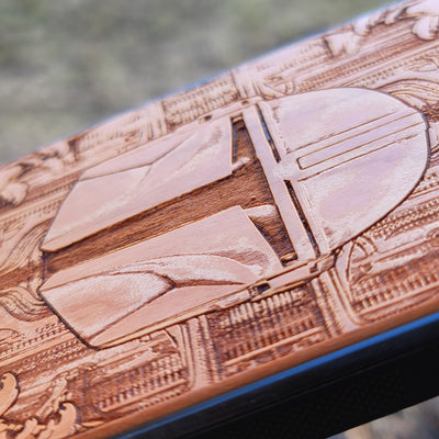 Star Wars Mandalorian helmet wood phone case, laser-engraved design featuring the iconic Mandalorian helmet, offering a unique, stylish look for iPhone , Samsung Galaxy S, and other models. Durable, slim, and perfect for Star Wars fans.