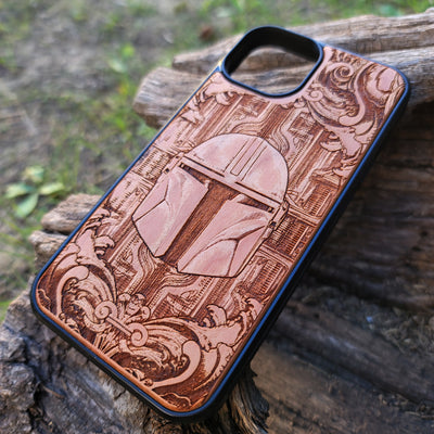 Star Wars Mandalorian helmet wood phone case, laser-engraved design featuring the iconic Mandalorian helmet, offering a unique, stylish look for iPhone , Samsung Galaxy S, and other models. Durable, slim, and perfect for Star Wars fans.