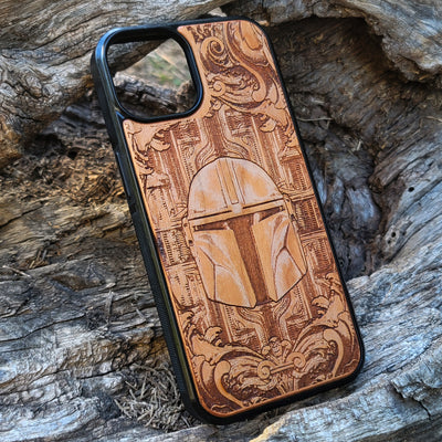 Star Wars Mandalorian helmet wood phone case, laser-engraved design featuring the iconic Mandalorian helmet, offering a unique, stylish look for iPhone , Samsung Galaxy S, and other models. Durable, slim, and perfect for Star Wars fans.