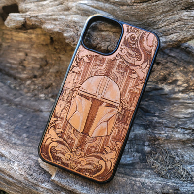 Star Wars Mandalorian helmet wood phone case, laser-engraved design featuring the iconic Mandalorian helmet, offering a unique, stylish look for iPhone , Samsung Galaxy S, and other models. Durable, slim, and perfect for Star Wars fans.
