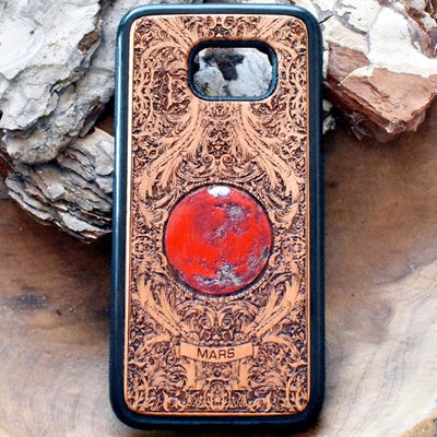 Laser-engraved Mars planet design on a wooden phone case, compatible with iPhone and samsung galaxy
