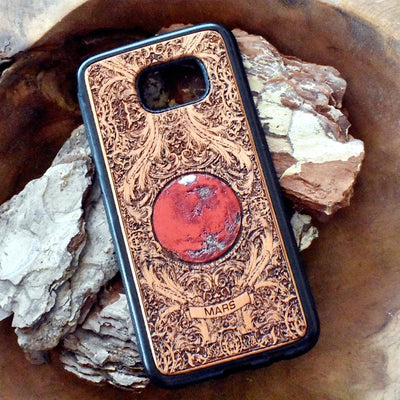 Laser-engraved Mars planet design on a wooden phone case, compatible with iPhone and samsung galaxy