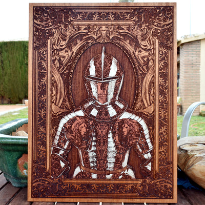 Engraved wood wall art of medieval knight in full armor, gothic decor.