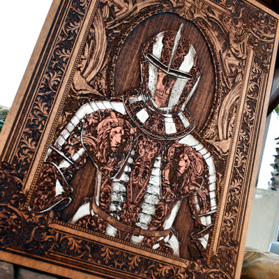 Knight with sword and shield carved in wood, medieval fantasy art.