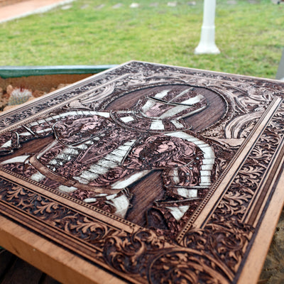 Laser-engraved knight armor wall decor, handcrafted for collectors.