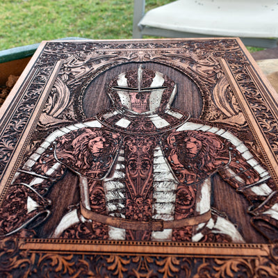 Gothic home wall art featuring medieval knight with engraved detail.