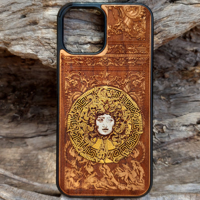 Laser-engraved Medusa design on a wooden phone case, compatible with iPhone , Galaxy