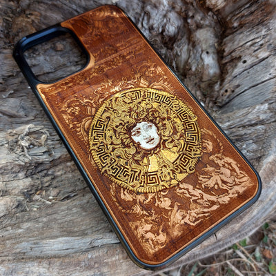 Laser-engraved Medusa design on a wooden phone case, compatible with iPhone , Galaxy