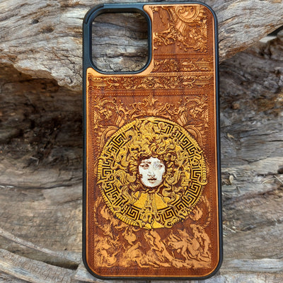 Laser-engraved Medusa design on a wooden phone case, compatible with iPhone , Galaxy
