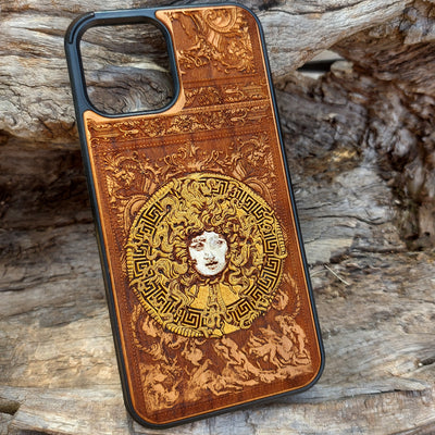 Laser-engraved Medusa design on a wooden phone case, compatible with iPhone , Galaxy