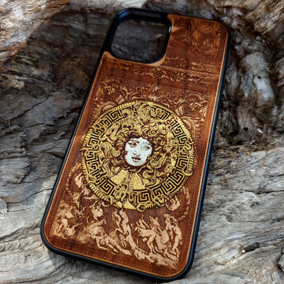 Laser-engraved Medusa design on a wooden phone case, compatible with iPhone , Galaxy