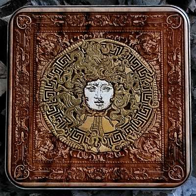 Hand-painted wooden wireless charger with Medusa mythology design.