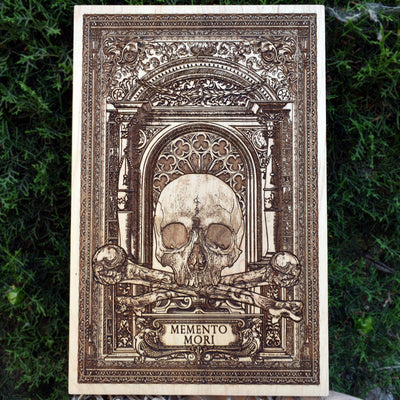 Memento Mori skull wood art, gothic home decor wall piece