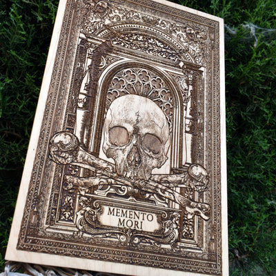 Hand-engraved wooden skull artwork, perfect for gothic interiors
