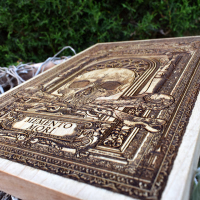 Memento Mori-inspired skull wood engraving for dark art lovers