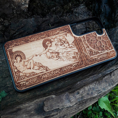 Michelangelo's Sistine Chapel Adam Creation wooden phone case, intricately engraved design, perfect for iPhone , iPhone 15, Galaxy S, S24, and more. A unique, artistic case for lovers of classical art and gothic styles.