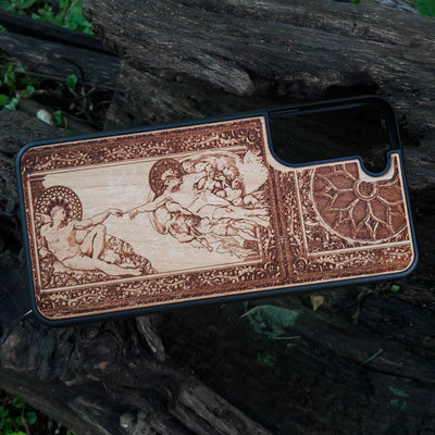 Michelangelo's Sistine Chapel Adam Creation wooden phone case, intricately engraved design, perfect for iPhone , iPhone 15, Galaxy S, S24, and more. A unique, artistic case for lovers of classical art and gothic styles.