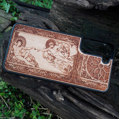 Michelangelo's Sistine Chapel Adam Creation wooden phone case, intricately engraved design, perfect for iPhone , iPhone 15, Galaxy S, S24, and more. A unique, artistic case for lovers of classical art and gothic styles.