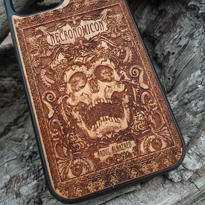 Necronomicon phone case with detailed H.P. Lovecraft-inspired Cthulhu mythos design, perfect for iPhone & Galaxy users.