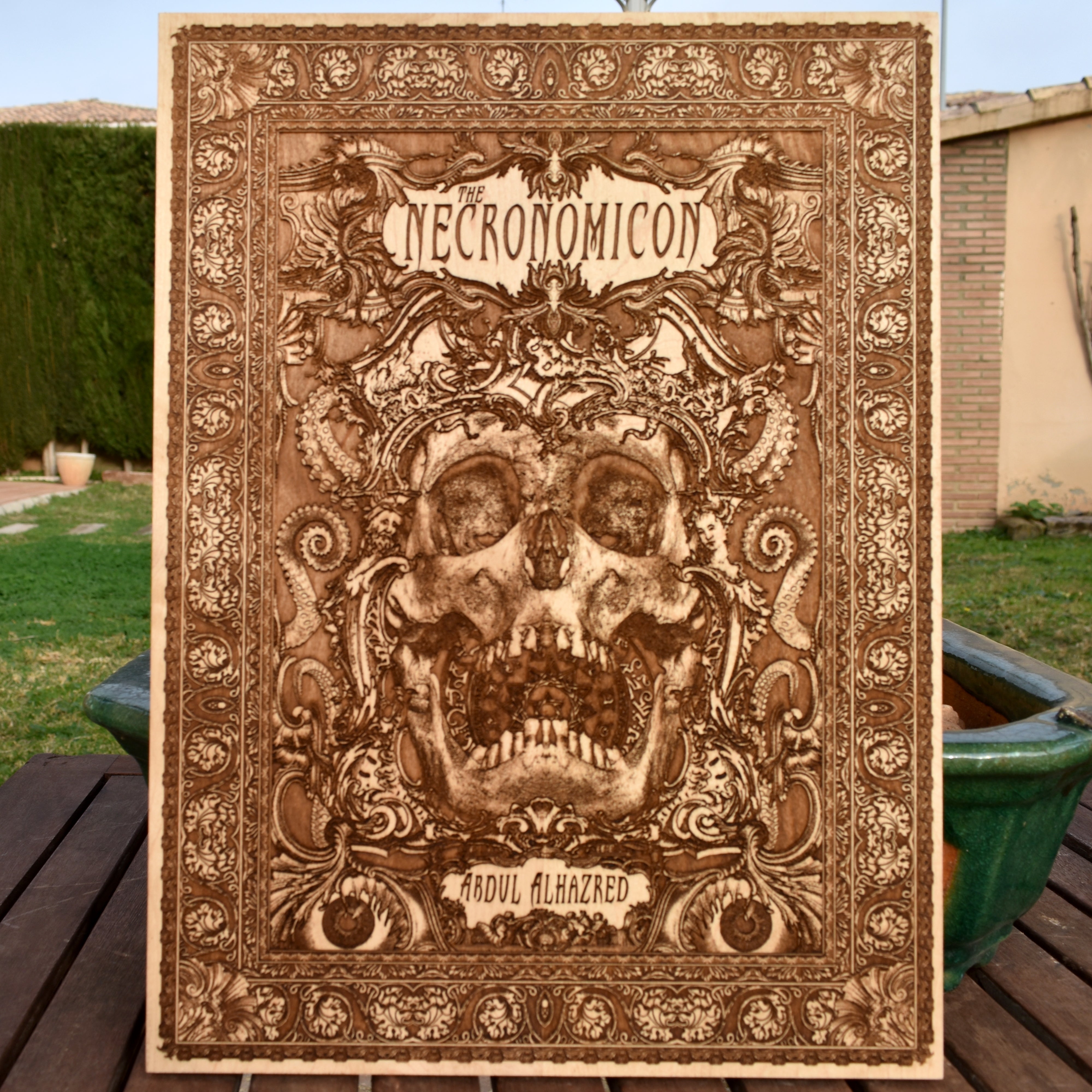 Necronomicon wood art panel, laser engraved occult decor