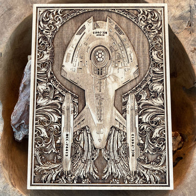 Handmade wooden artwork 'Intergalactic Ship X Enterprise - Mini' – wood gift for 5 year anniversary, wedding present, gift for him or her, romantic handcrafted decor