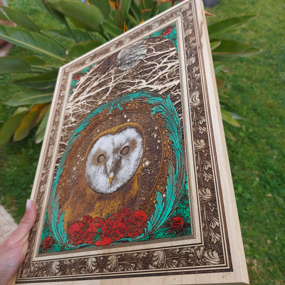 Engraved owl design on wooden plaque, ideal gift for bird lovers.