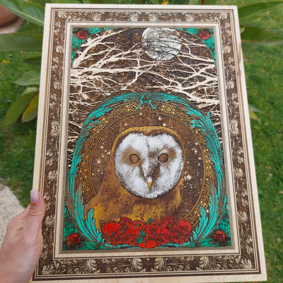 Night owl wood carving on maple, nature-themed rustic wall decor.

