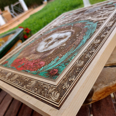 Owl-themed wood artwork, engraved and hand-finished on maple.