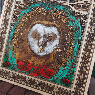Rustic wildlife wall decor with nocturnal owl engraved in wood.