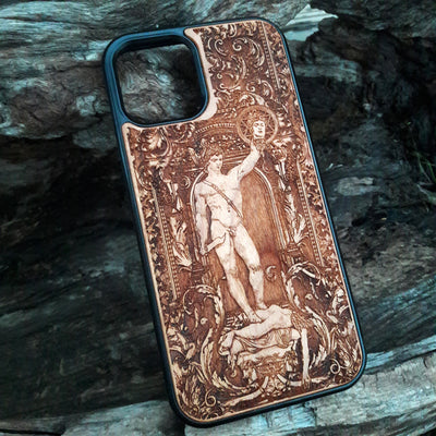Wooden phone case featuring Perseus with the Head of Medusa, intricately carved for iPhone , iPhone 15, Samsung Galaxy S, S24, and more. Ideal for fans of mythology and gothic art, offering durable protection with a unique design.