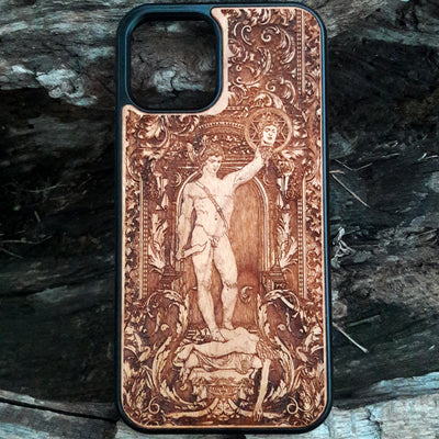 Wooden phone case featuring Perseus with the Head of Medusa, intricately carved for iPhone , iPhone 15, Samsung Galaxy S, S24, and more. Ideal for fans of mythology and gothic art, offering durable protection with a unique design.