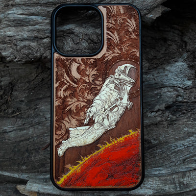 Astronaut wood phone case, hand-painted and laser engraved design