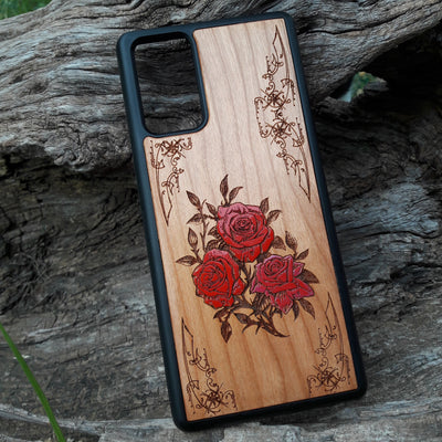 Hand-painted red roses wooden phone case, laser-engraved on cherrywood. Compatible with iPhone -11 Pro Max and Galaxy S-S20. Floral design phone case.