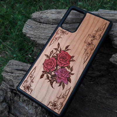 Hand-painted red roses wooden phone case, laser-engraved on cherrywood. Compatible with iPhone -11 Pro Max and Galaxy S-S20. Floral design phone case.