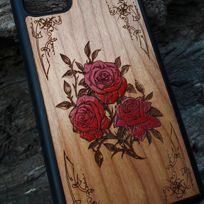 Hand-painted red roses wooden phone case, laser-engraved on cherrywood. Compatible with iPhone -11 Pro Max and Galaxy S-S20. Floral design phone case.