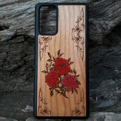 Hand-painted red roses wooden phone case, laser-engraved on cherrywood. Compatible with iPhone -11 Pro Max and Galaxy S-S20. Floral design phone case.