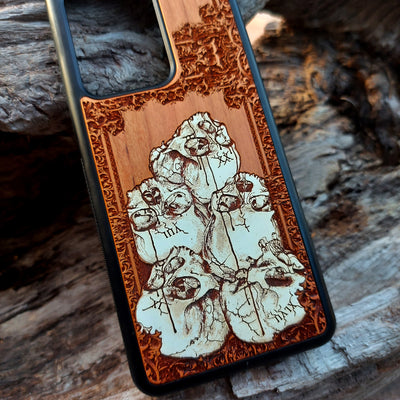 Hand-painted cherrywood phone case with laser-engraved skull pile design, compatible with iPhone -11 Pro Max and Samsung Galaxy S-S20 models.