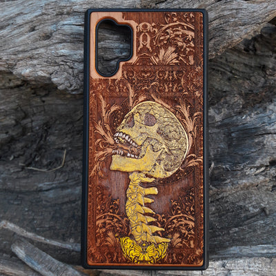 Hand-painted "The Scream" yellow wooden phone case, laser-engraved on cherrywood. Compatible with iPhone -11 Pro Max, Galaxy S-S20. Artistic phone case featuring Edvard Munch's iconic design.