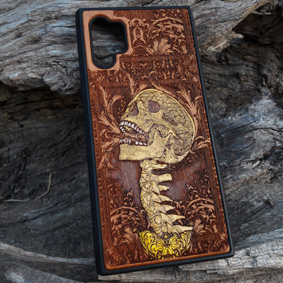 Hand-painted "The Scream" yellow wooden phone case, laser-engraved on cherrywood. Compatible with iPhone -11 Pro Max, Galaxy S-S20. Artistic phone case featuring Edvard Munch's iconic design.