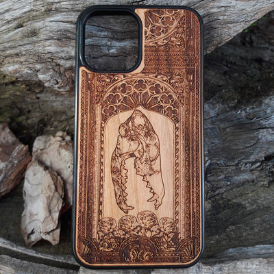 Wooden phone case with gothic horse skull and roses design, handcrafted for iPhone , iPhone 15, Samsung Galaxy S, and other models. A unique, stylish, and durable accessory for fans of dark art and gothic themes.