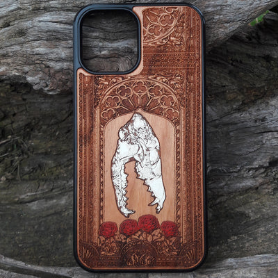 Gothic skull with roses engraved on a wooden phone case, compatible with iPhone  and Samsung Galaxy