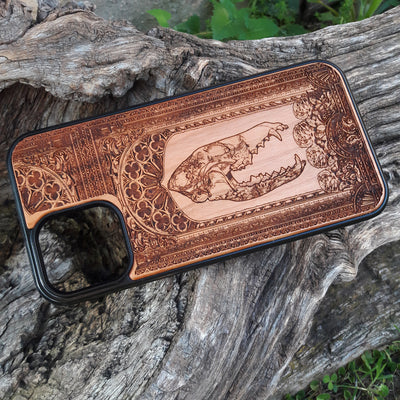 Wooden phone case with gothic horse skull and roses design, handcrafted for iPhone , iPhone 15, Samsung Galaxy S, and other models. A unique, stylish, and durable accessory for fans of dark art and gothic themes.